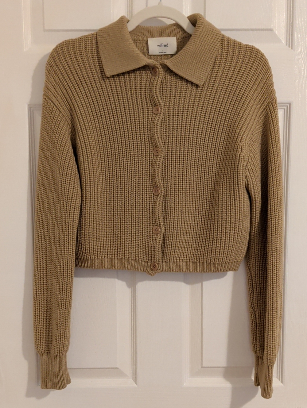 Wilfred Tan Cropped Waffle Knit Button-Down Cardigan